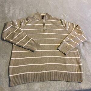 Merona Mens Striped Quarter Zip Pullover Sweater Khaki White XL Cotton Casual
